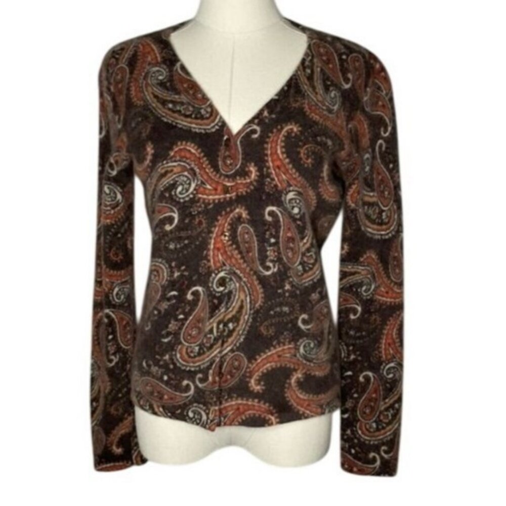 Stunning Angora Lambs Wool V Neck Womens M Paisley Sweater Luxury Cozy Office